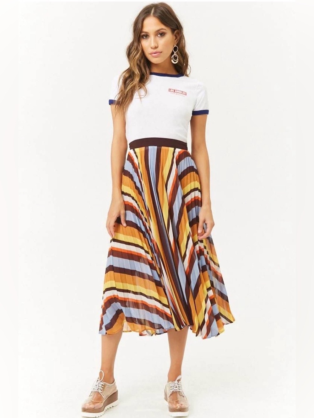 Forever 21 Multicolor Striped Pleated Midi Skirt